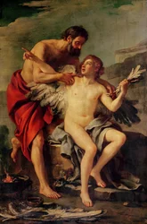 Daedalos kiinnittää Ikaroksen siipiä, n. 1754